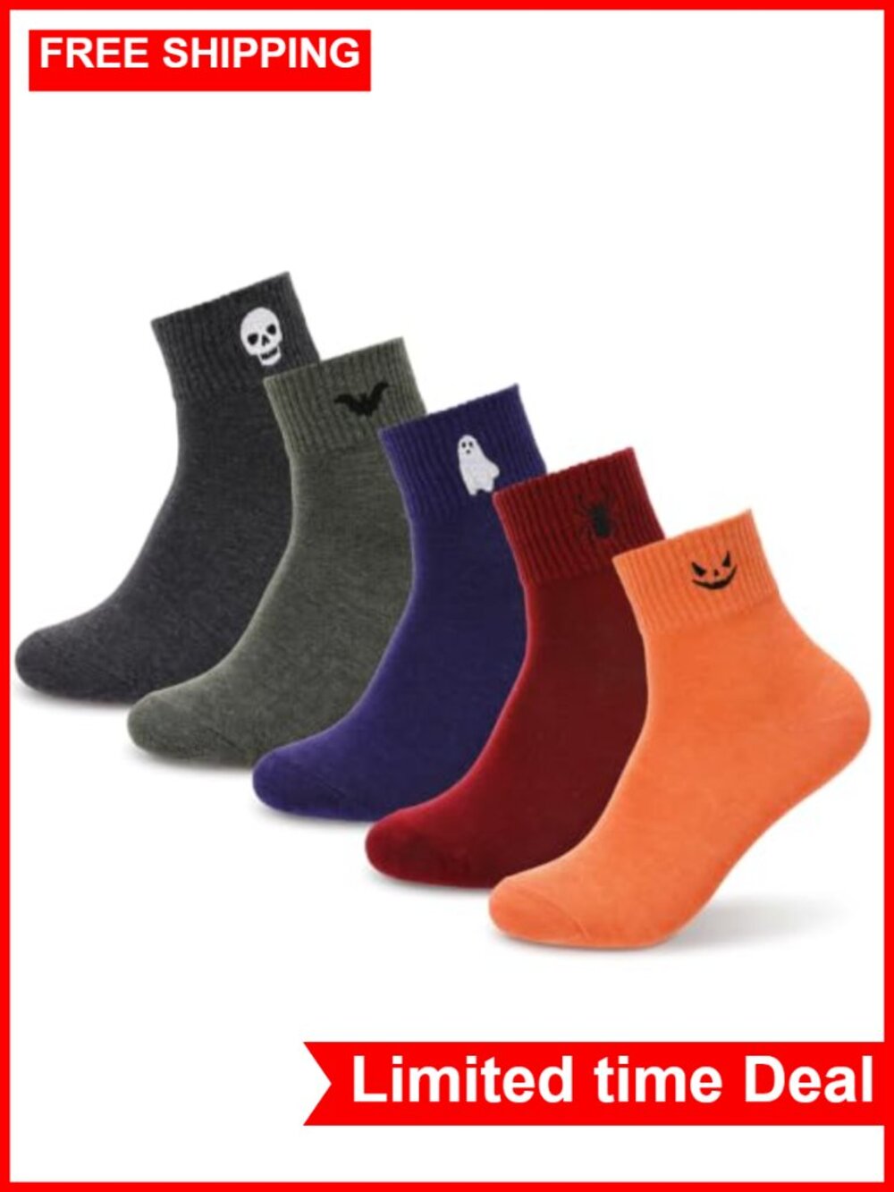 5 Pairs Women Embroidered Ghost Pattern Halloween Socks Cotton Blend